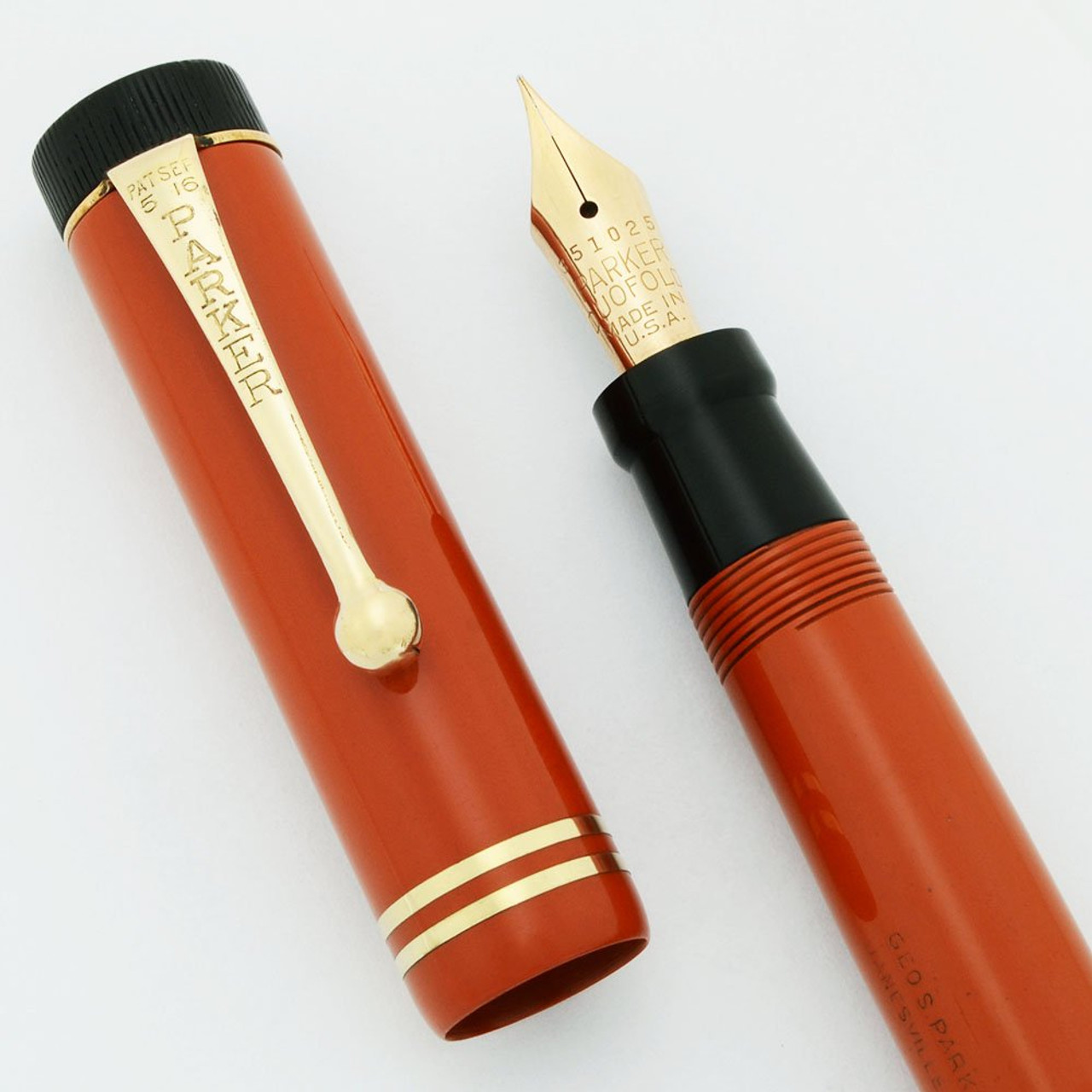 Parker Duofold Junior Fountain Pen - Red Permanite, Two Bands, Extra Fine Nib (Excellent +, Restored)