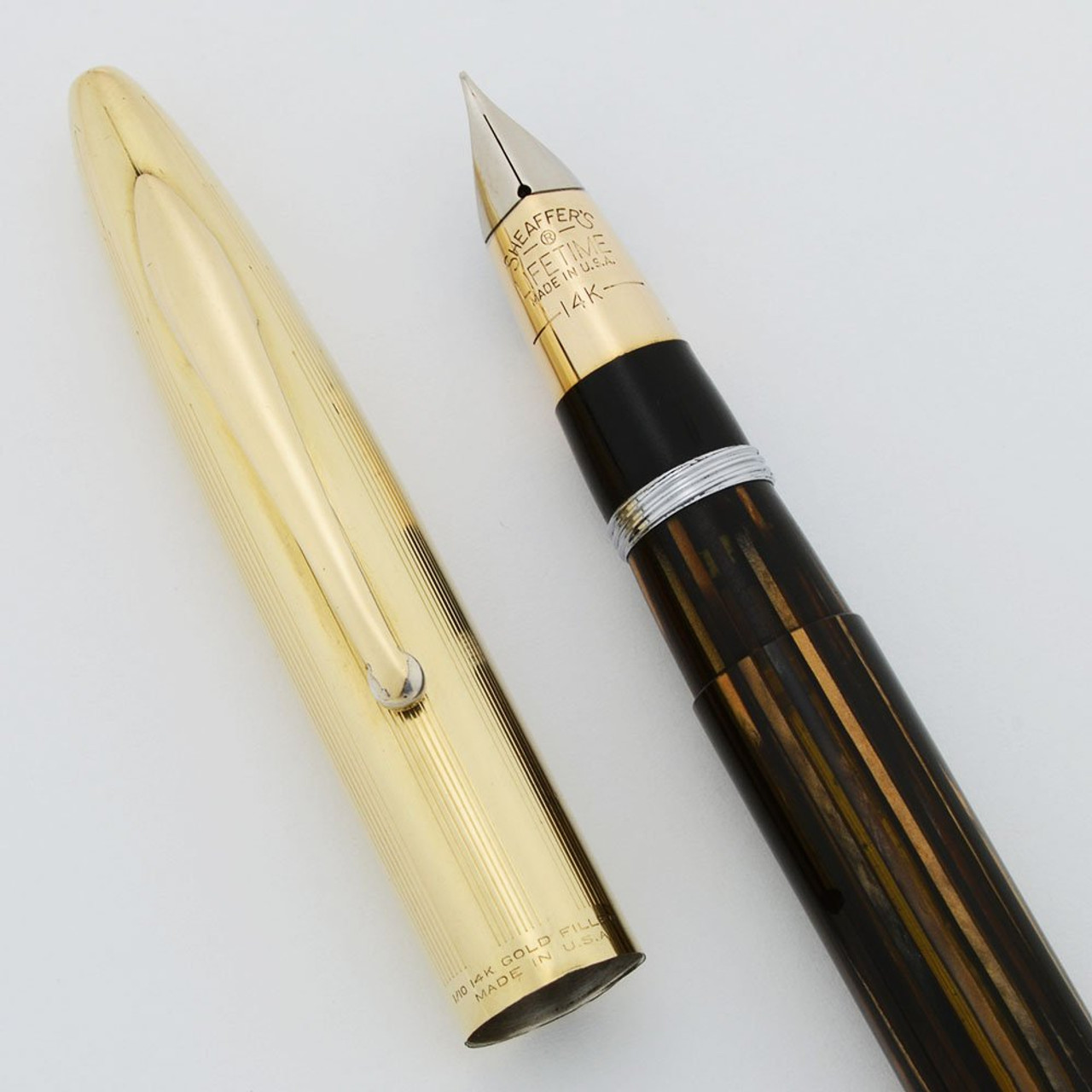 Sheaffer Lifetime Crest Fountain Pen (1942) -  Brown Striated with GF Cap,  Vac-Fil, Fine Triumph Nib (Excellent, Restored)