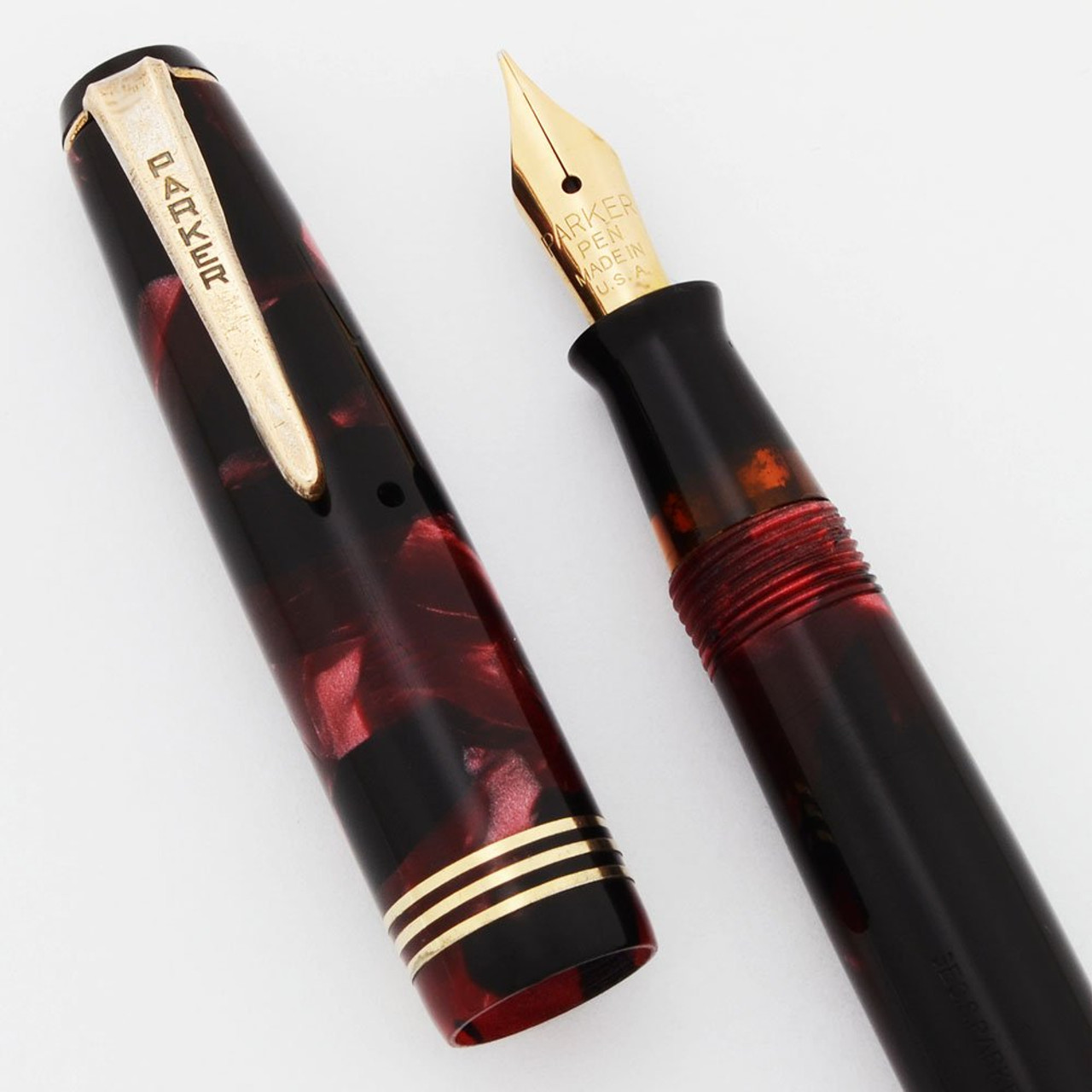 Parker Challenger Junior (1939) - Tapered Clip, Red Marble, Medium Semi-Flex (Excellent +, Restored)