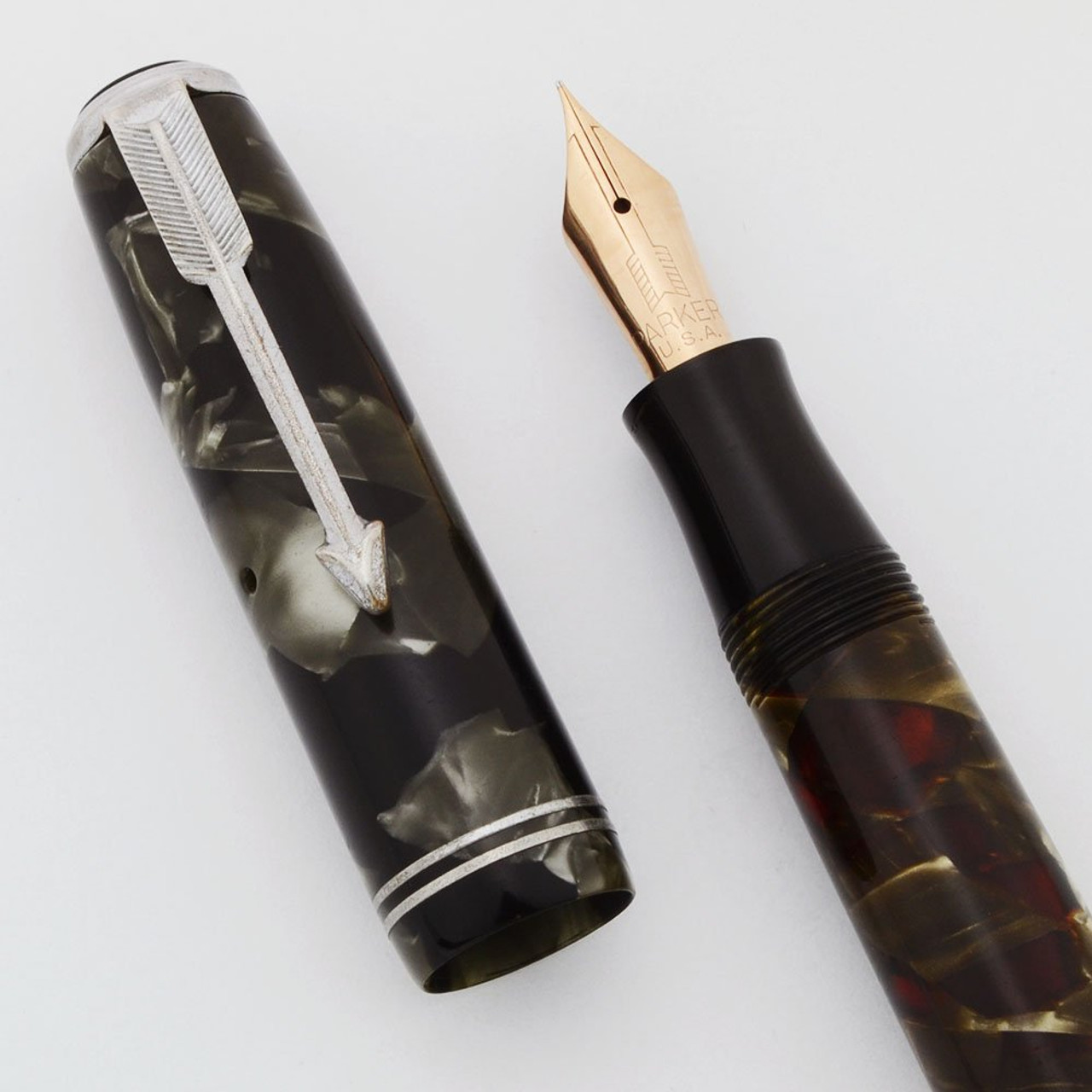 Parker Vacumatic Fountain Pen (1935) - Junior, Grey Marble, Lockdown Fill, Fine (Excellent, Restored)