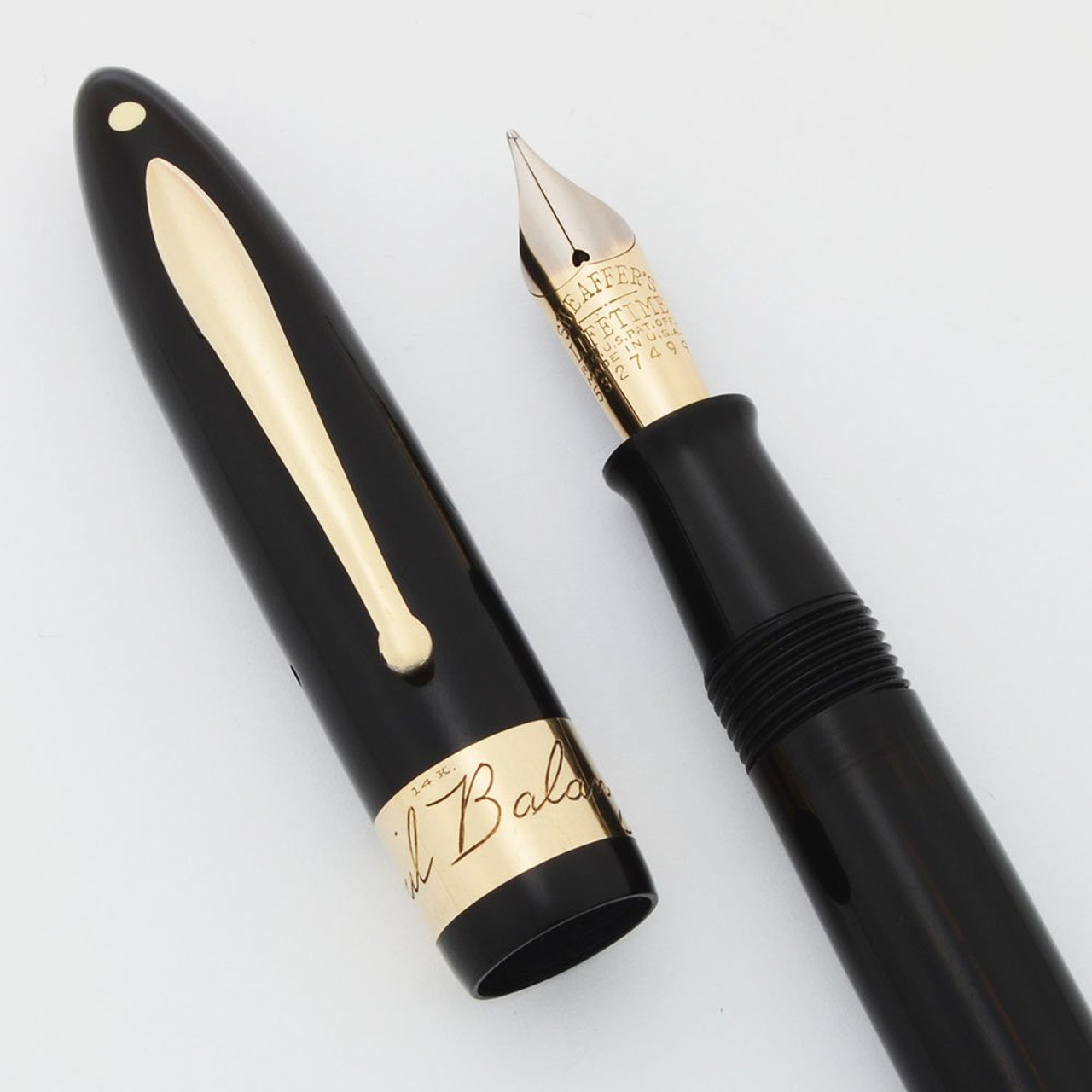 Sheaffer Balance Autograph Fountain Pen - Black, 14k Gold Band, Vac-Fill, Fine Nib (Excellent, Restored)