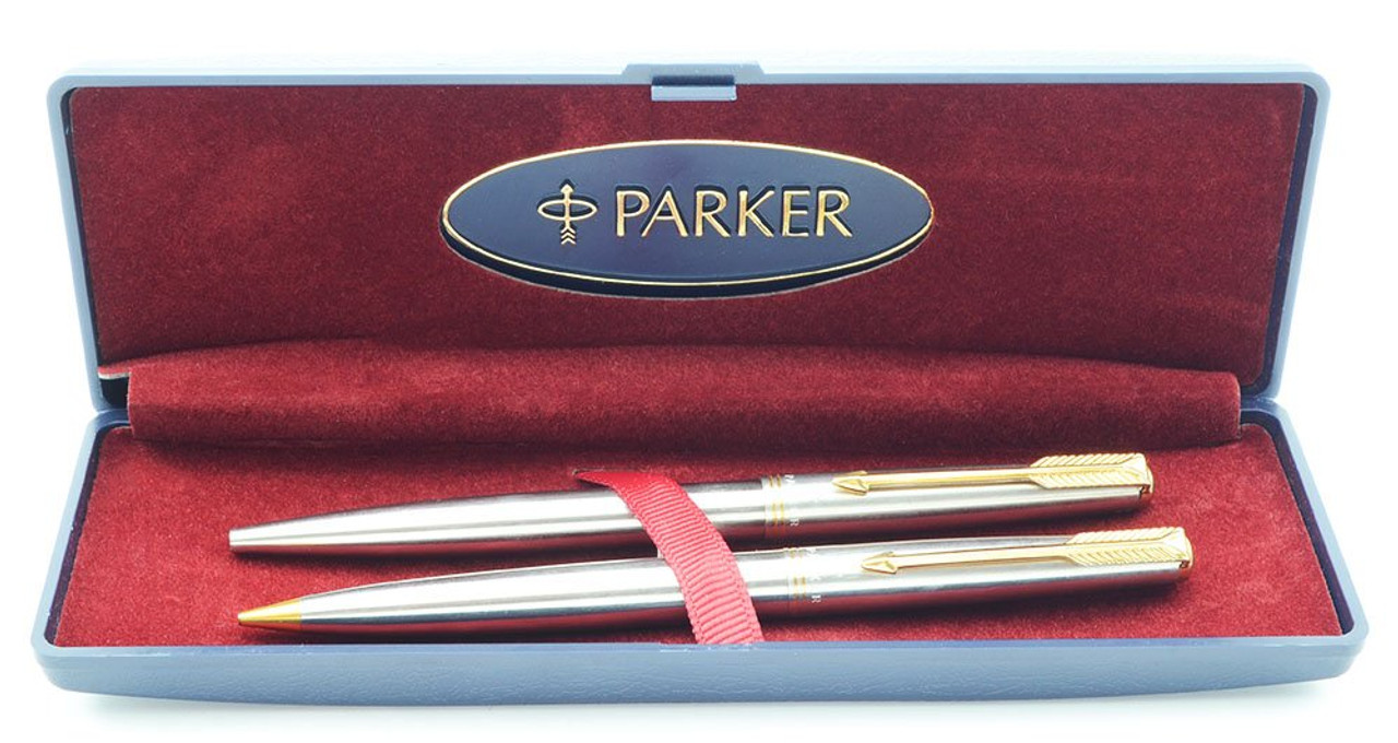 Parker 61 Ballpoint Pen and Mechanical Pencil Set - Flighter Style, Gold Trim (Excellent +, In Box)