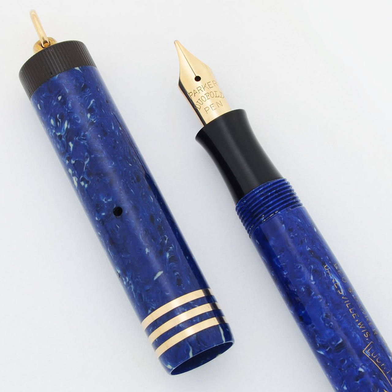 Parker Lady Duofold Fountain Pen - Lapis Lazuli, Triple Cap Band, Unusual Double Imprint, Flexible Medium 14k Nib (Excellent +, Restored)