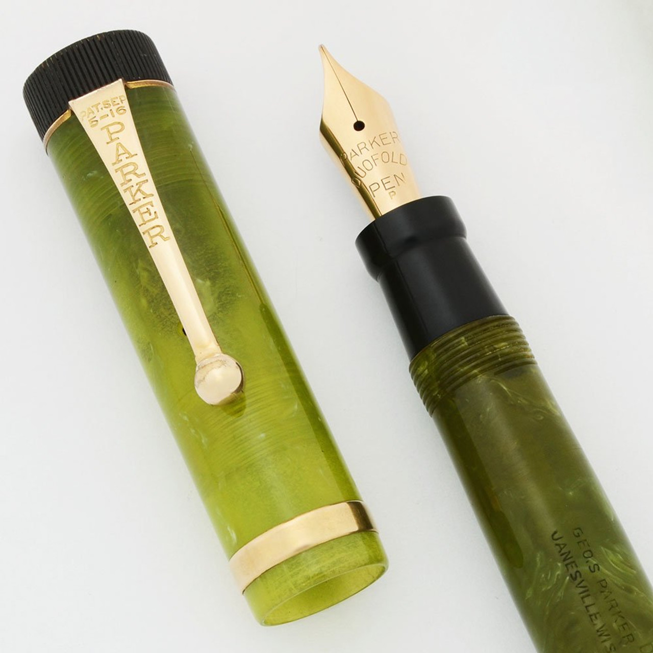 Parker Duofold Junior Fountain Pen (1923-7) - Uncommon Translucent Green, Raised Band, Medium Duofold Nib (Excellent +, Restored)