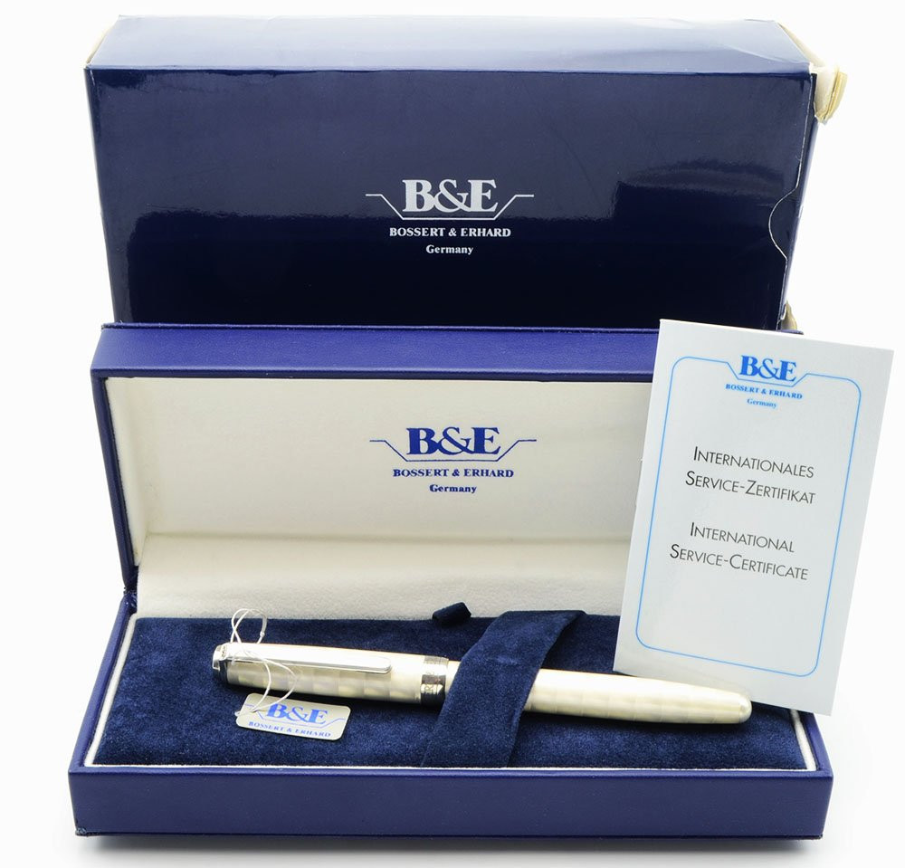 Bossert & Erhard Dimension 4 Fountain Pen - Pearl White Guilloche w/ Sterling Silver Trim, 18k Broad Nib (Mint, in Box)