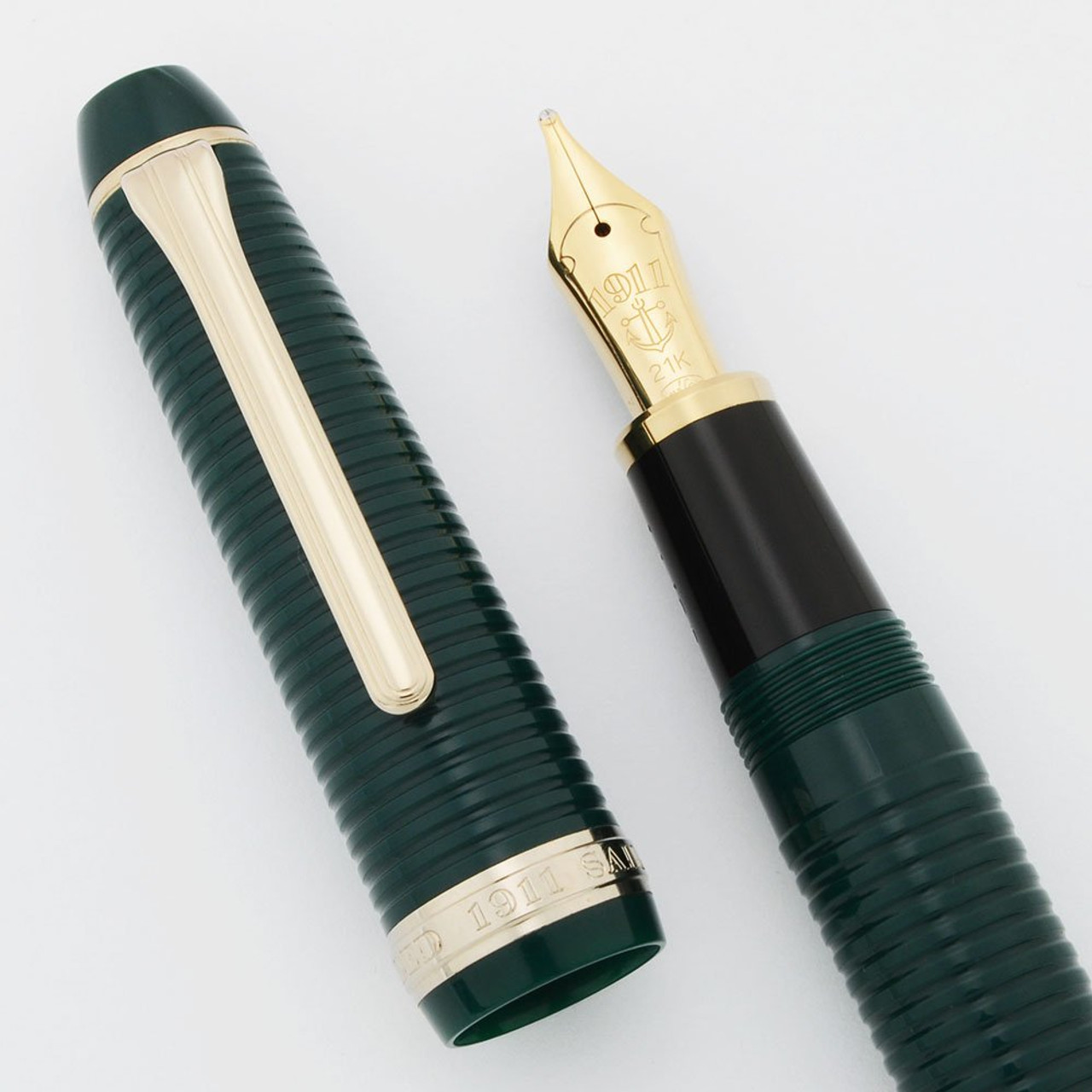 Sailor 1911 Ribbed Fountain Pen LE (14/20) - Green w Gold Trim, Zoom 21k Nib (Near Mint, Works Well)