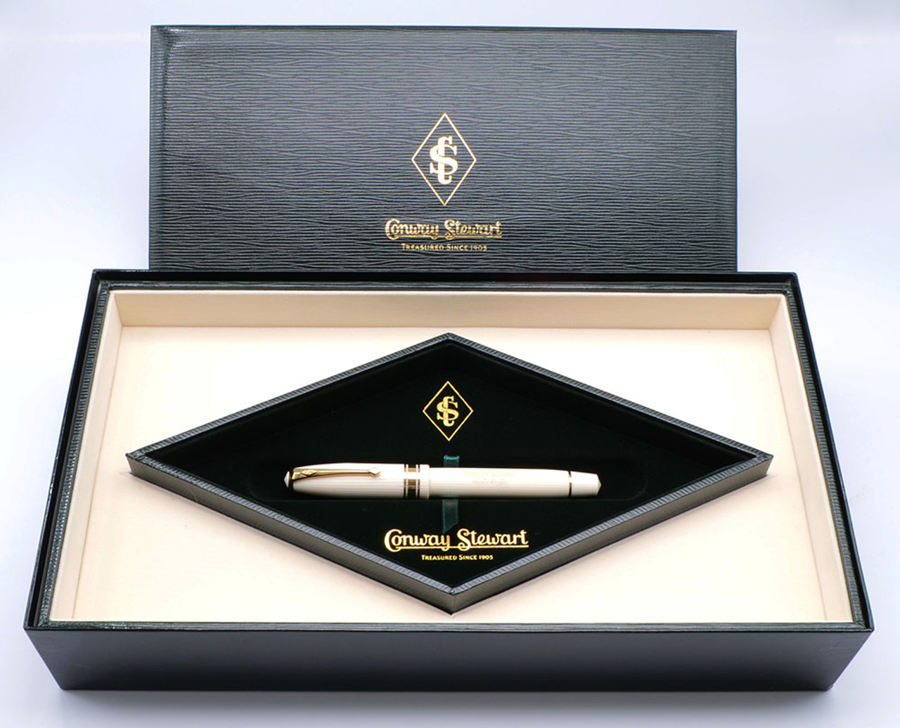 Conway Stewart 100 Limited Edition (061/300) - Ivory Casein w 18k Trim, 18K Italic Broad Nib (Near Mint in Box, Works Well)