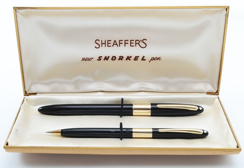 Sheaffer TM Autograph Snorkel Pen & Pencil Set - Black, 14k Cap Band and Clip, Medium Triumph Nib (Superior in Box, Unengraved, Restored)