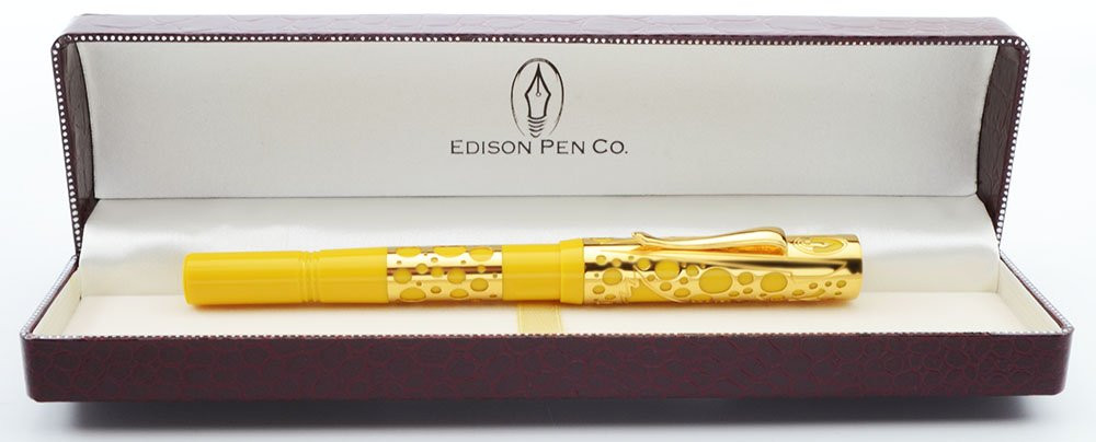 Edison Del Coronado Fountain Pen - Yellow w Gold Plated Overlay, Fine 18k Nib (New in Box, Works Well)