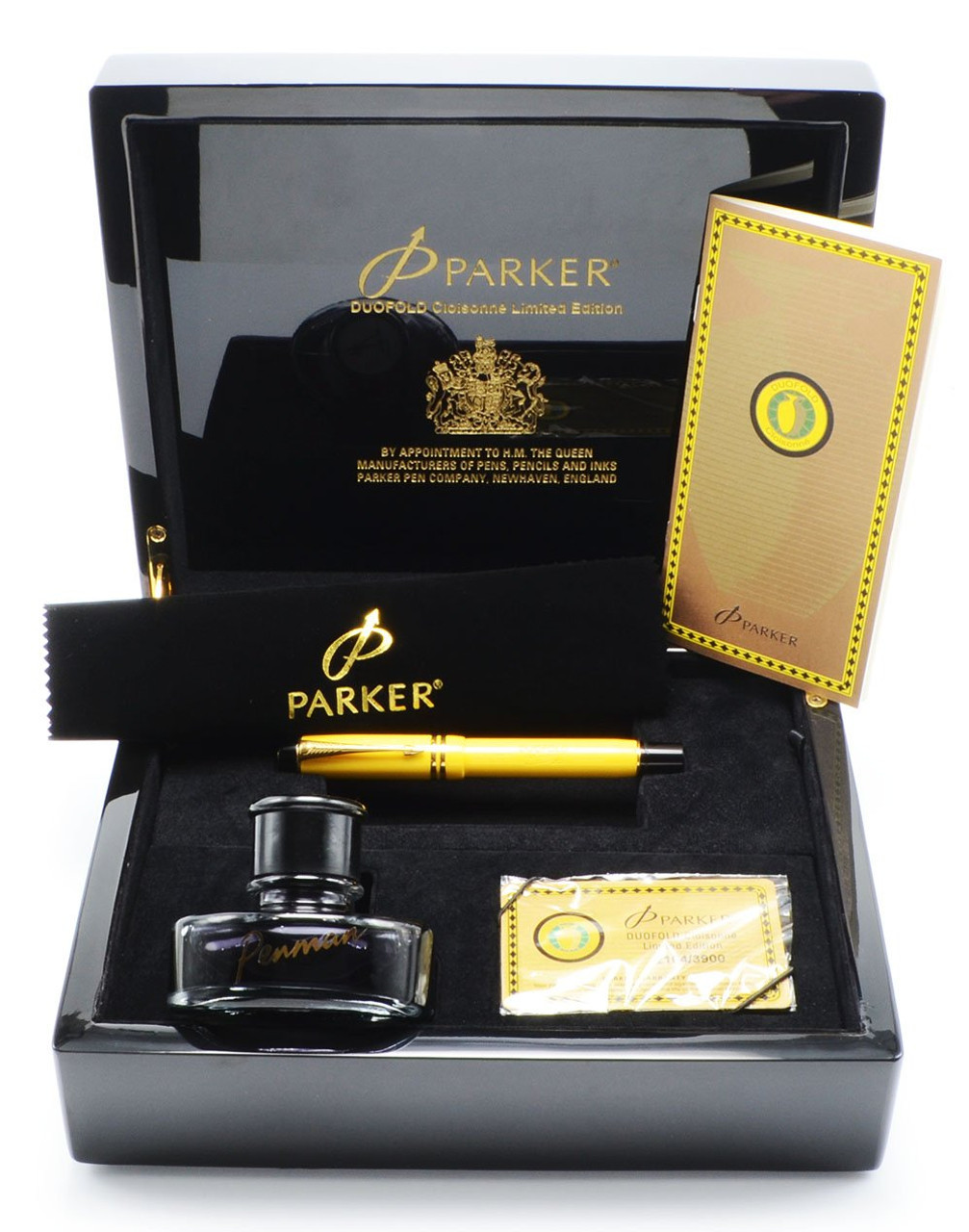 Parker Duofold Cloisonne LE (2164/3900) Fountain Pen (2006) - Mandarin (Yellow) w Cloisonne, Medium 18k Nib (Mint in Box, Works Well)