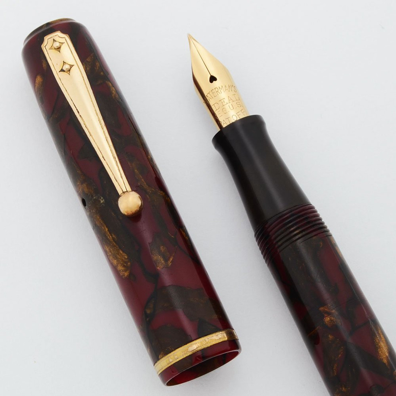 Waterman 92 Fountain Pen (USA) - Red & Gold Marble, Flexible Fine Ideal Nib (Excellent, Restored)