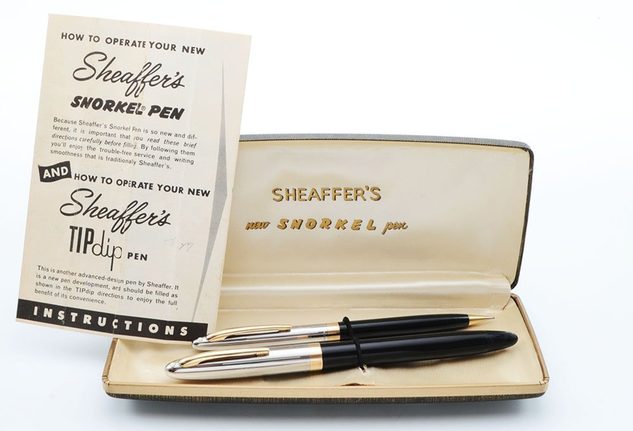 Sheaffer Sentinel Snorkel Fountain Pen Pencil Set - Black, Fine 14k Nib (Excellent, In Box, Restored)