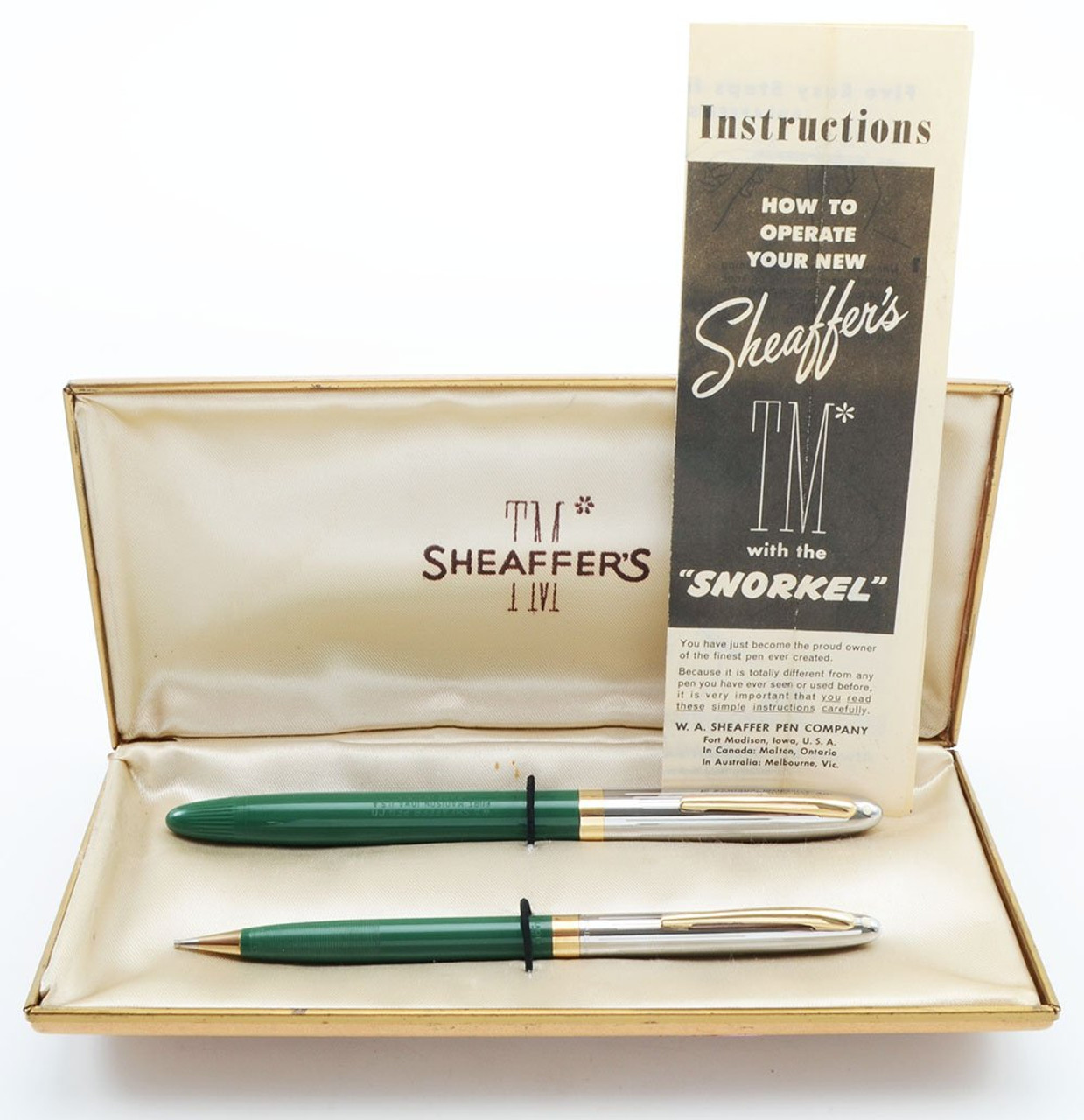 Sheaffer Sentinel Snorkel Fountain Pen Pencil Set - Pastel Green, Medium 14k Nib (Superior In Box, Restored)