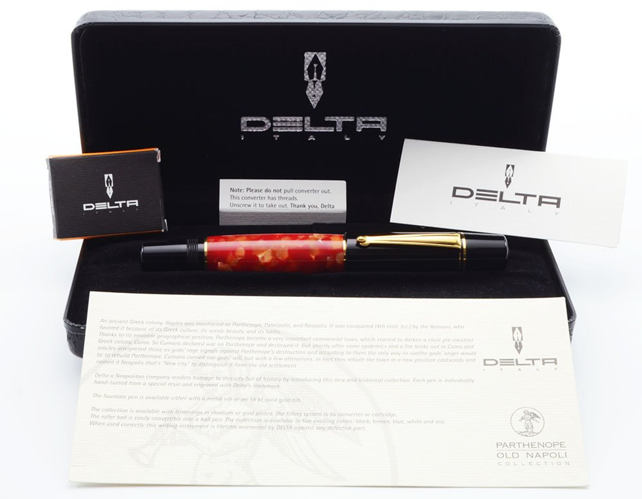 Delta Parthenope Fountain Pen - Coral Red, Black Cap, Gold Trim,  18k Medium Nib (Near Mint in Box, Works Well)