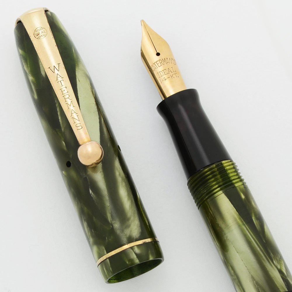 Waterman 92V Fountain Pen (1940's) - Green Marble, Military Clip