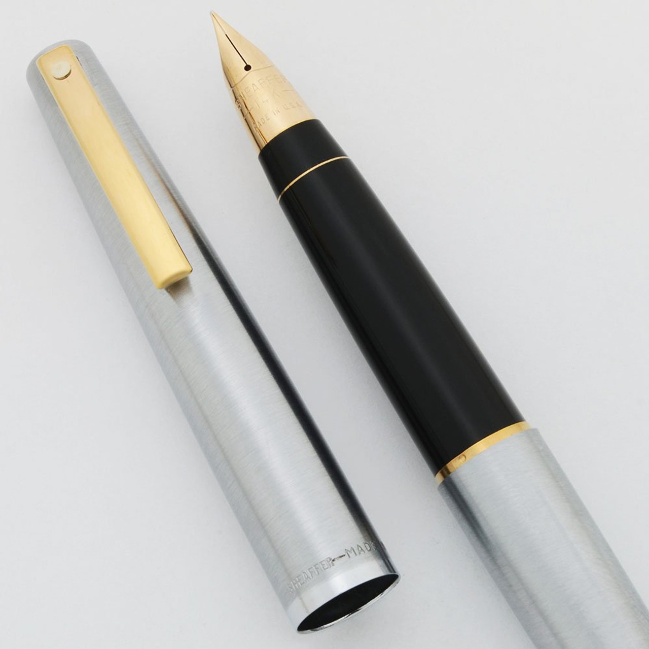 Sheaffer 444X Fountain Pen - Brushed Chrome w Gold Clip, 14k Fine Triumph Nib (Excellent, Works Well)