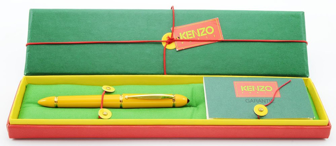 Kenzo Fountain Pen, Yellow w Red Jewel Accent, Red Overfeed, Medium Nib (Near Mint in Box, Works Well)