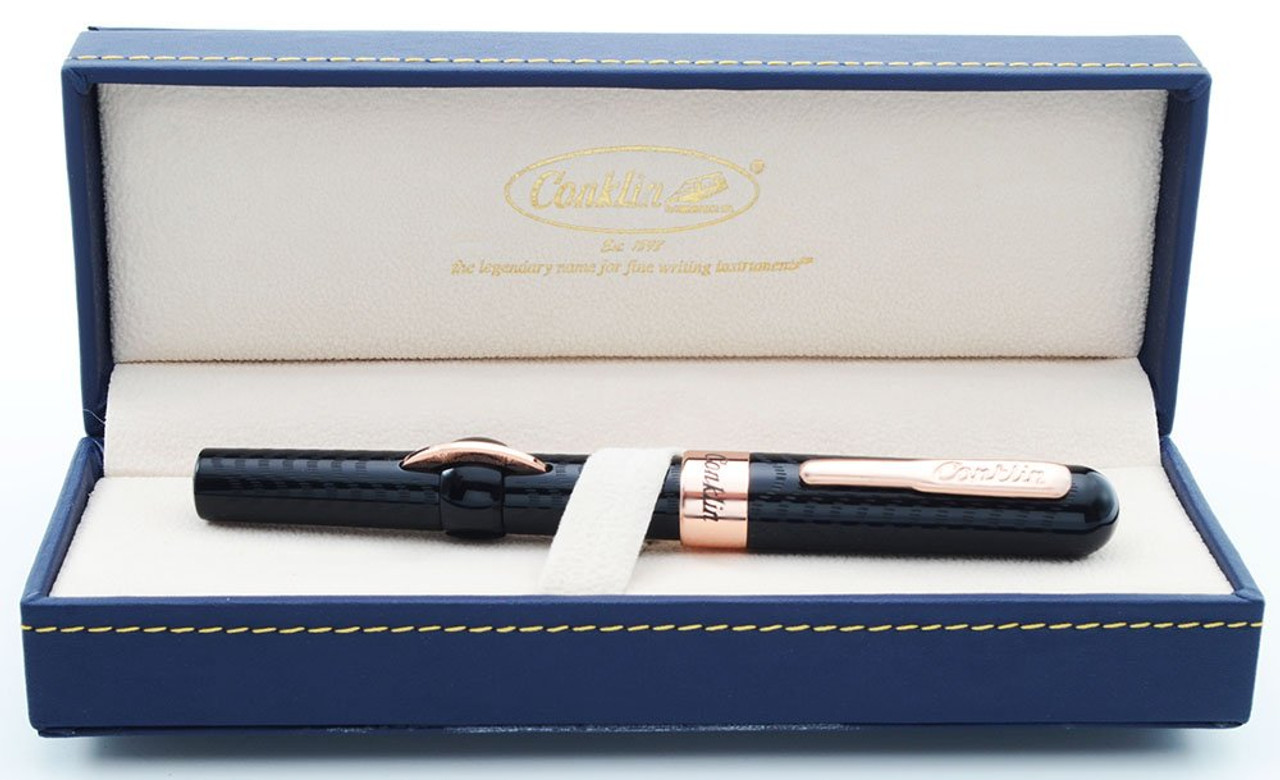 Conklin Mark Twain Crescent Filler Fountain Pen - Chased Black w Rose Gold Trim, Medium Nib (Excellent in Box, Restored)