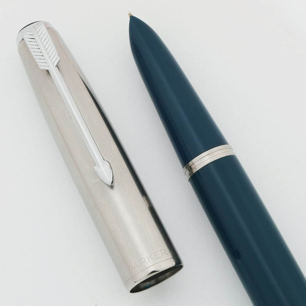Parker 51 Aerometric Demi Fountain Pen (1951) - Teal Blue, Lustraloy Cap, Fine 14k Nib (Excellent, Restored)