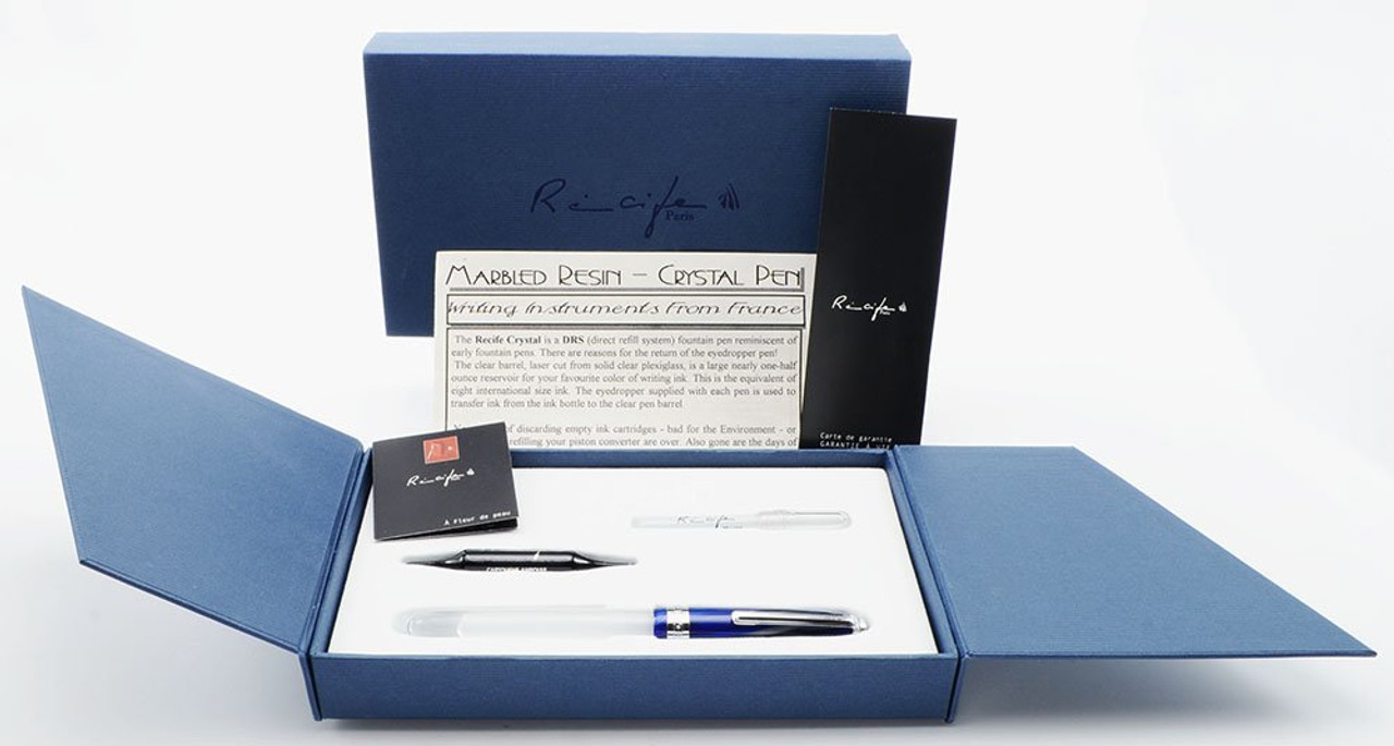 Recife Crystal Fountain Pen - Blue, Eyedropper Filler, Medium-Fine GP Steel Nib (New in Box)