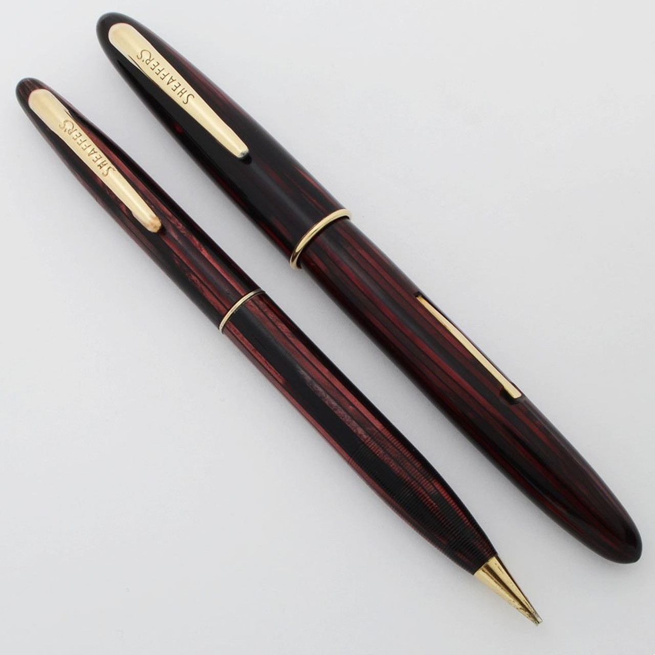 Sheaffer Craftsman 350 Fountain Pen and Pencil Set - Carmine Striated, Medium-Fine Feather Touch Nib, Lever Filler (Excellent +, Restored)