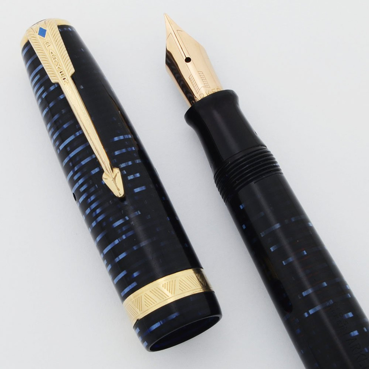 Parker Vacumatic Major Fountain Pen (circa 1939)  - Azure Blue, Double Jewel w Blue Diamond Clip, Fine (Excellent +, Restored)