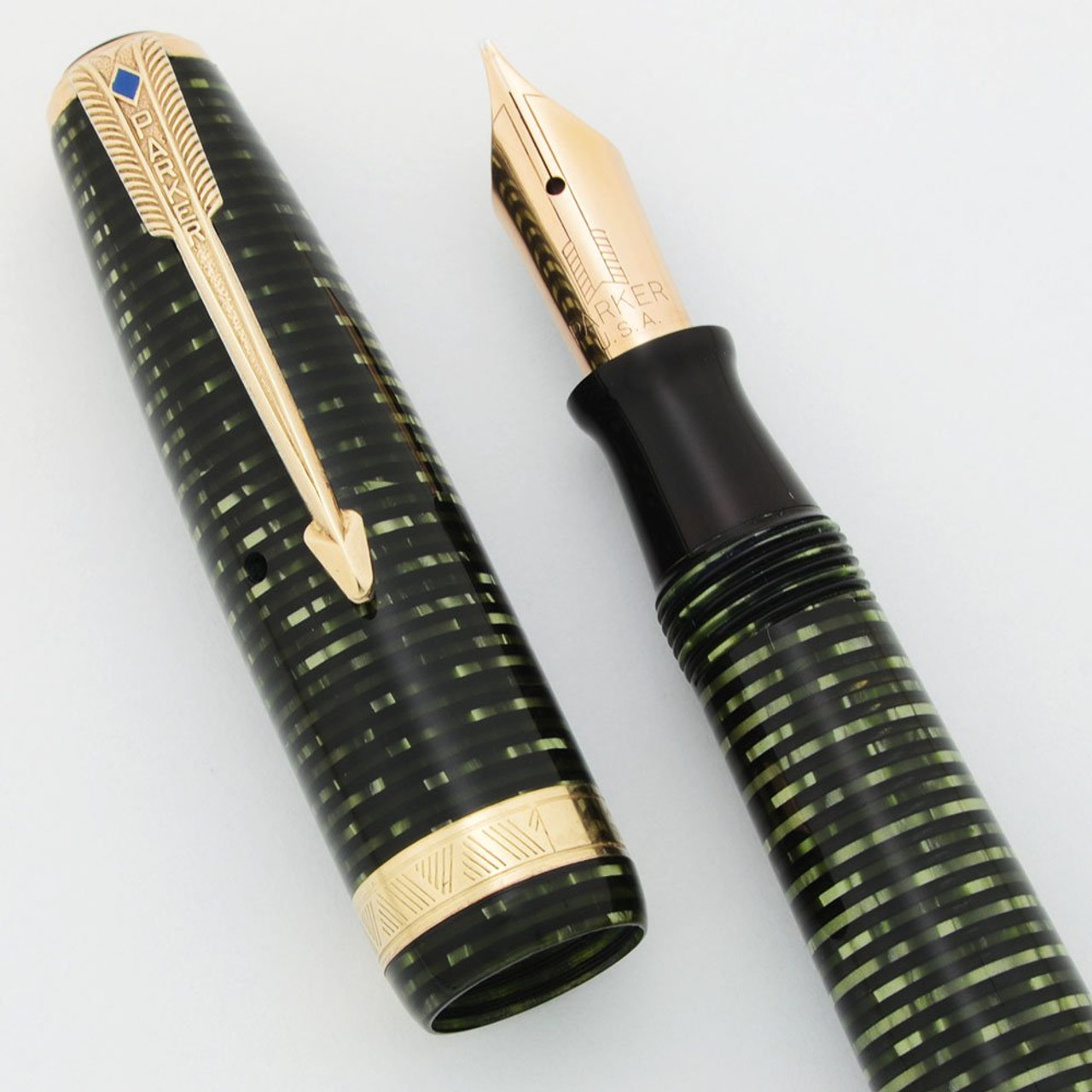 Parker Vacumatic Major Fountain Pen (1945) - Emerald Pearl, Italic Nib (Excellent + , Restored)