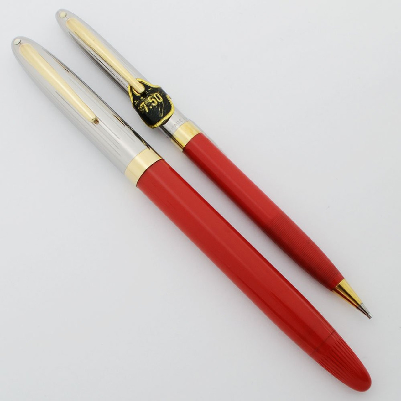 Sheaffer Clipper Snorkel Fountain Pen Pencil Set - Fiesta Red, Medium PdAg Nib (Excellent + in Box, Restored)