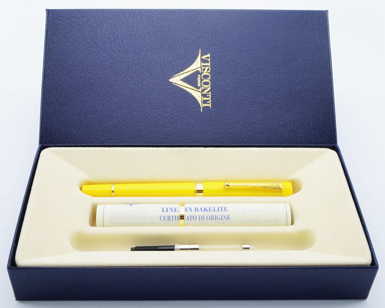 Visconti Monte Carlo Fountain Pen - Yellow Bakelite, Broad Steel Nib (Near Mint in Box)