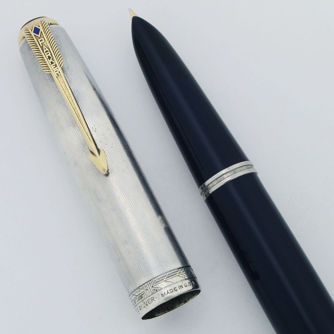 Parker 51 Vacumatic Fountain Pen (1946) - Cedar Blue, Sterling Cap, Fine (Excellent, Restored)