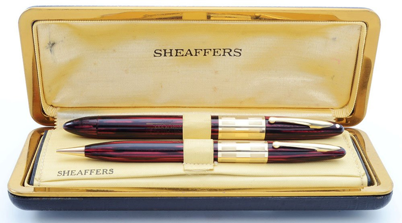 Sheaffer Lifetime Triumph 1250 Set - Carmine Striated w Wide Cap Band, Vac-Fil, Extra-Fine 14k Nib (Superior in Deluxe Box with Pen Case, Restored)