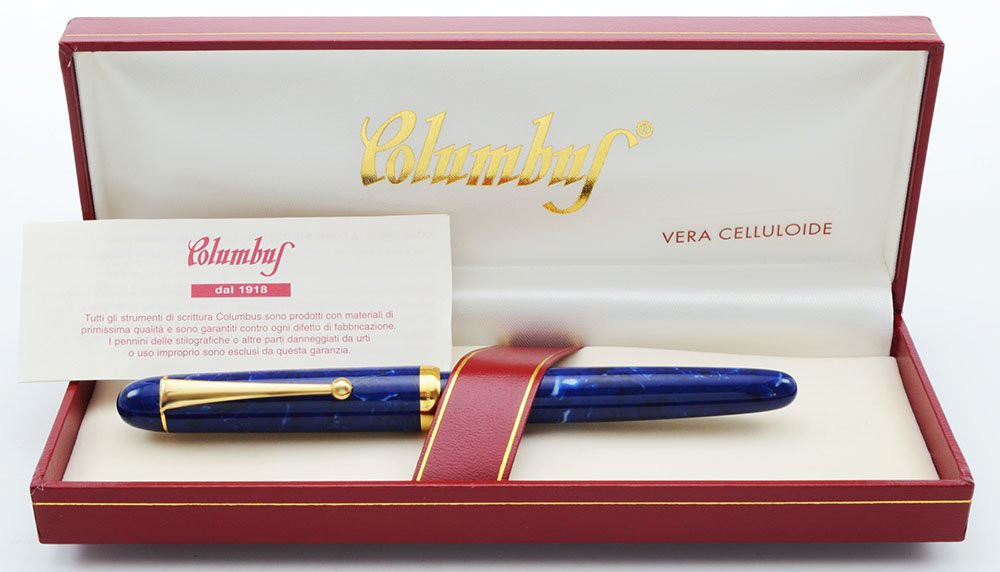 Columbus Academia Rollerball Pen by Yamazaki (1990s) - Lapis Blue Celluloid (Near Mint, in Box, Works Well)