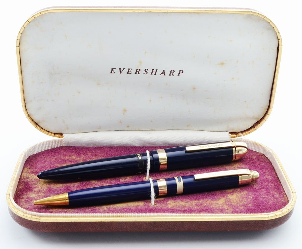 Eversharp Skyline Full Size J77 Fountain Pen Set - Blue w Gold Derby & Wide Band, 14k Gold Medium Flexible Nib (New Old Stock in Box, Restored)