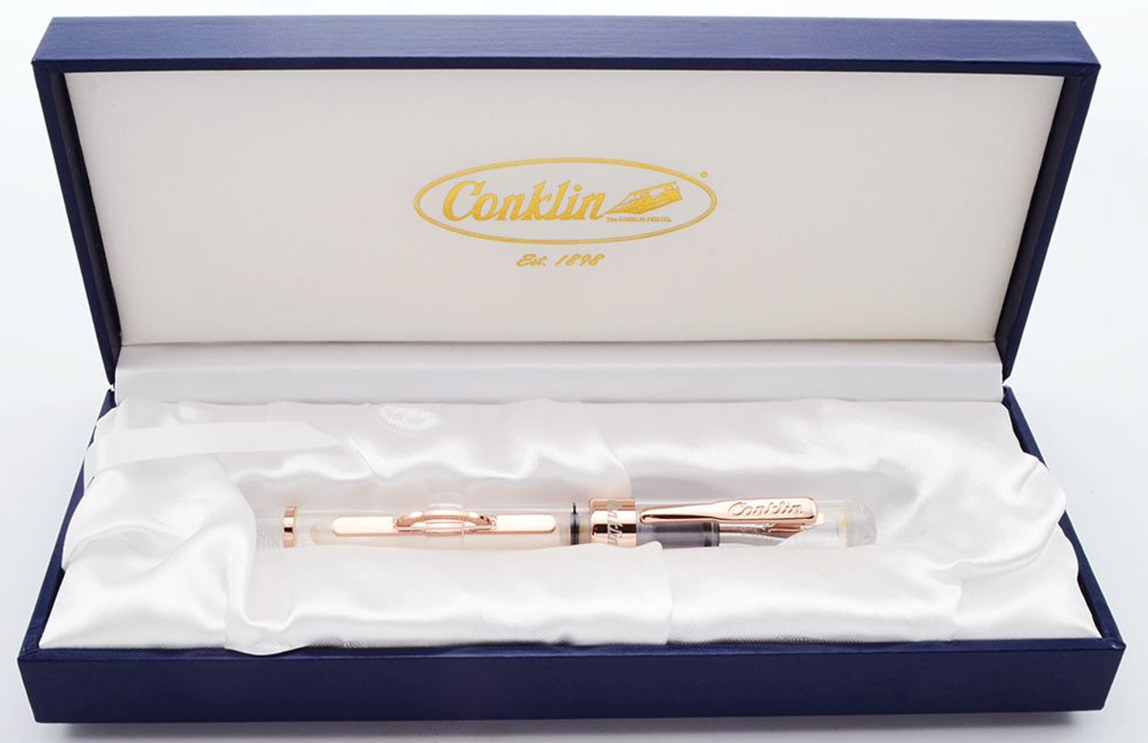 Conklin Mark Twain Crescent LE Fountain Pen - Clear Demonstrator, Rose Gold Trim, 1.1mm Steel Nib  (Near Mint in Box, Works Well)