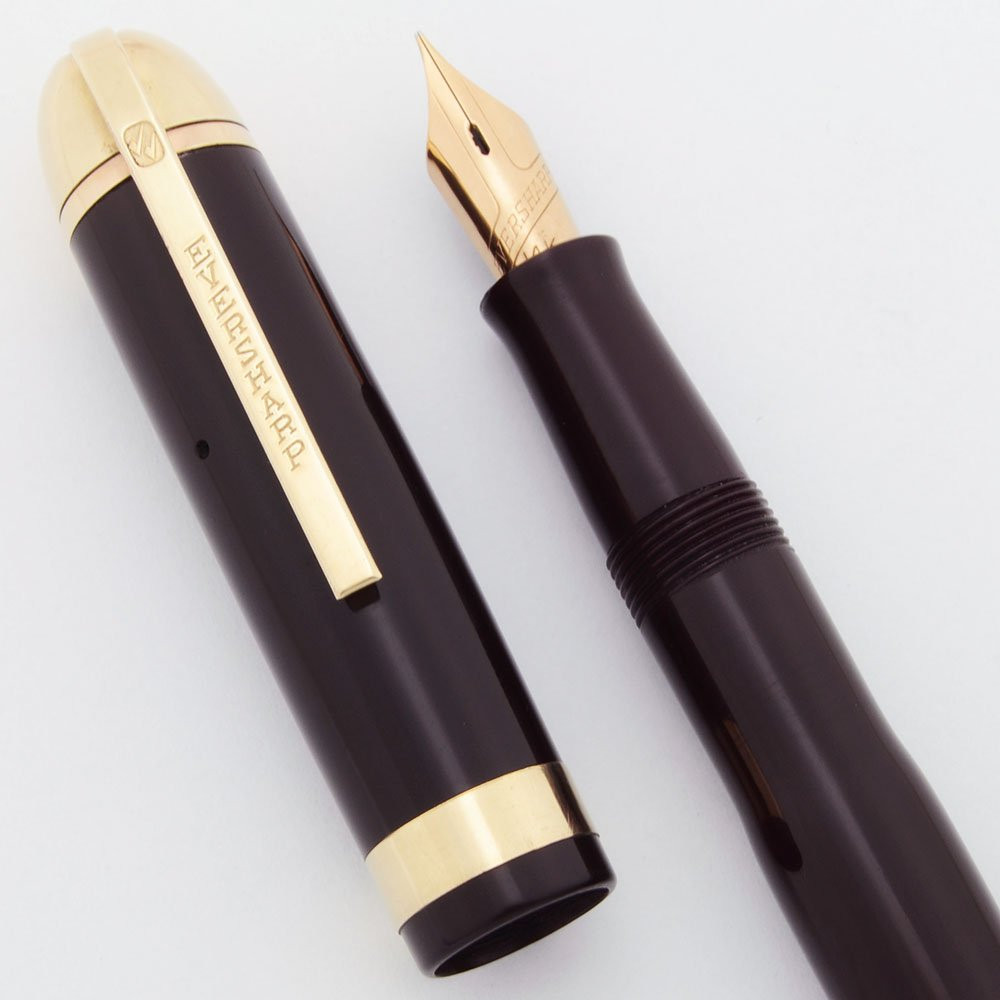 Eversharp Skyline Full Size J77 Fountain Pen - Burgundy w Gold Derby & Wide Band, 14k Manifold Fine Nib (Excellent +, Restored)