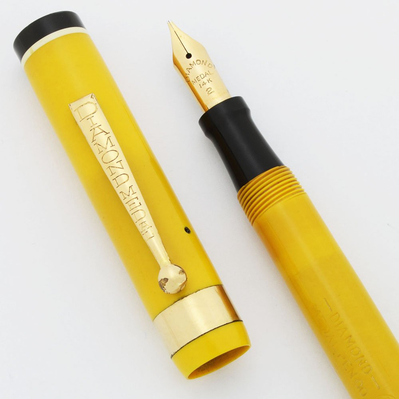 Diamond Medal Standard Fountain Pen -- Full Size Slender, Yellow w White Bands, Medium 14k Nib (Excellent, Restored)