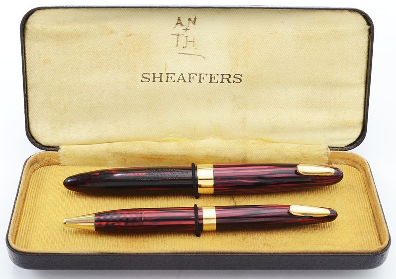 Sheaffer 1250 Tuckaway Saratoga Fountain Pen Set - Vac-Fil, Carmine, Fine 14k Gold Nib, .9mm Leads (Excellent + in Box, Restored)