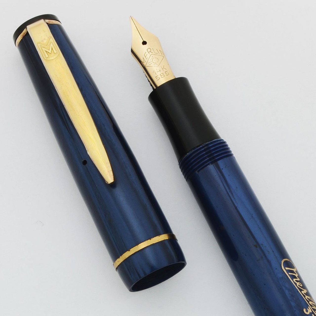 Merlin 33 Fountain Pen (Denmark) - Blue Marble, Button Filler, 14k Flexible Fine (New Old Stock, Restored)