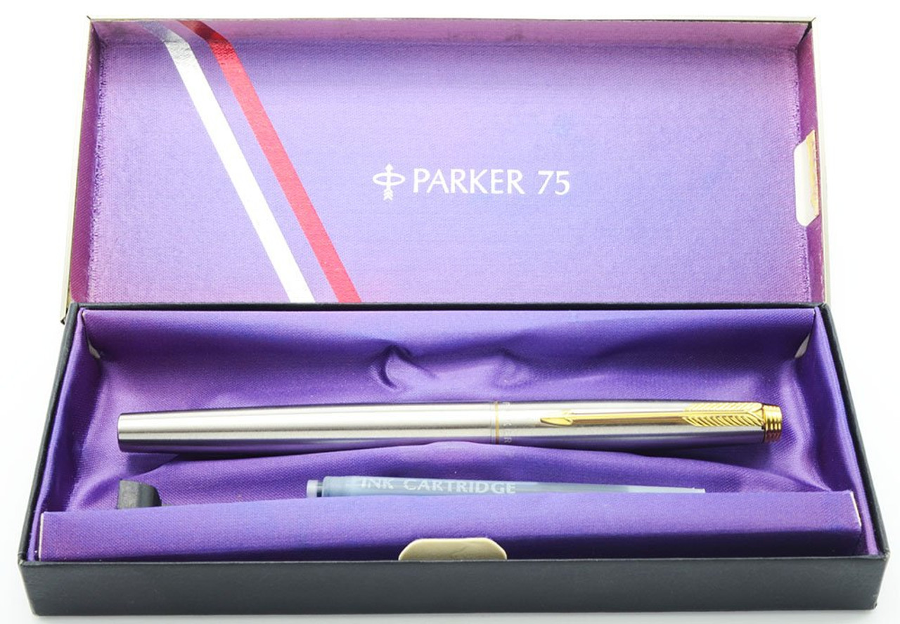 Parker 75 Flighter Deluxe Fountain Pen  - Brushed Stainless Steel, Gold Trim, 14k Medium Nib  (Mint in Box, Works Well)