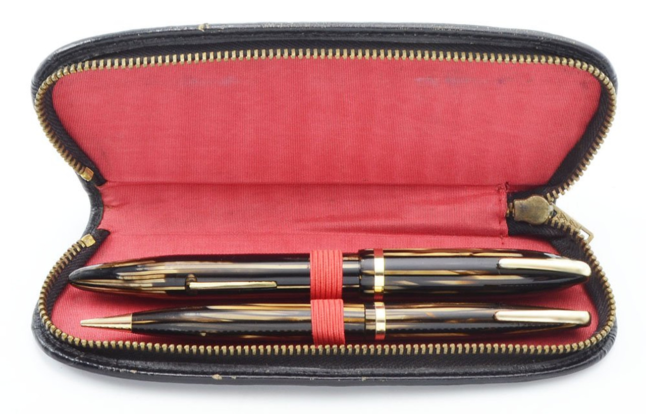 Sheaffer Balance 500 "Admiral" Pen and Pencil Set - Brown Striated, Military Clip, Lever, Extra Fine Feather Touch Nib (Excellent +, In Leather Case, Restored)