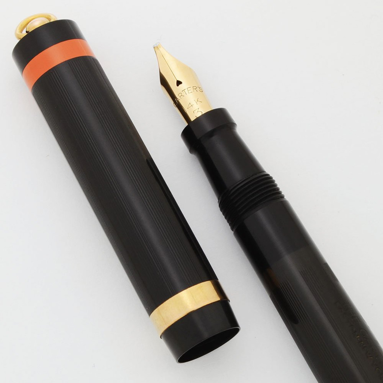 Carters 3233 INX Fountain Pen - Ring Top, Black Hard Rubber w Orange Band, 14k Broad Italic (Excellent, Restored)