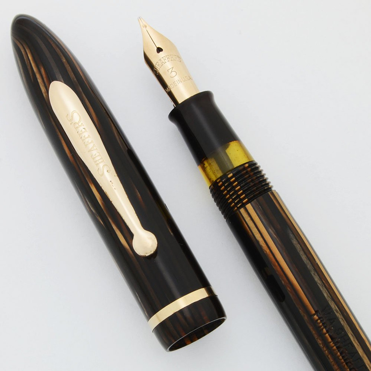 Sheaffer Balance Fountain Pen - Full Size Slender, Brown Striated, Medium 14k #3 Nib (Excellent +, Restored)