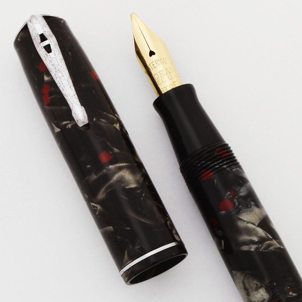 Waterman 3V Fountain Pen (1930s) - Gray & Red w Nickel Trim, Medium Flexible Waterman's Ideal Nib (Excellent, Restored)