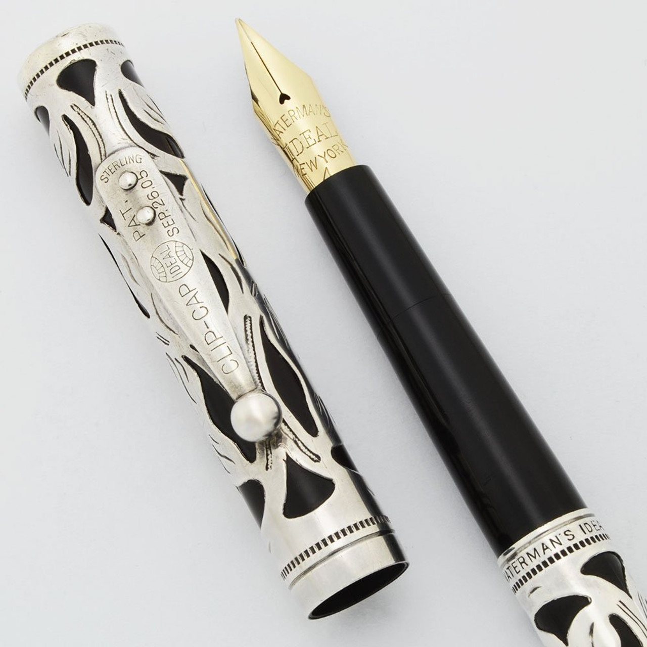 Waterman 414 Eye Dropper - Sterling Trefoil Filigree, Full Flex #4 New York Ideal Nib (Excellent, Restored)