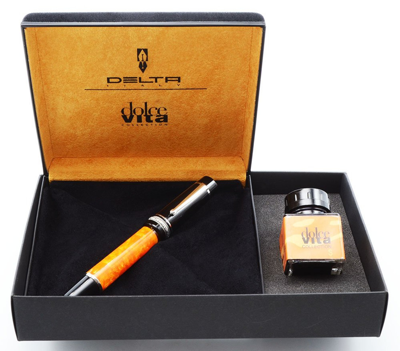 Delta Dolcevita Mid-Size Fountain Pen - Orange & Black, Piston Fill, 14k Fine (Excellent + In Box, Works Well)