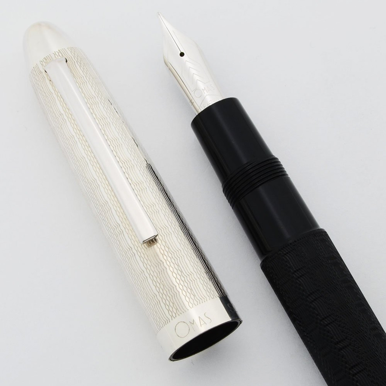 Omas S2001 Ogiva Guilloche Fountain Pen - Black w Sterling Silver Cap, Piston Fill, 18k Medium (Excellent +, Works Well)