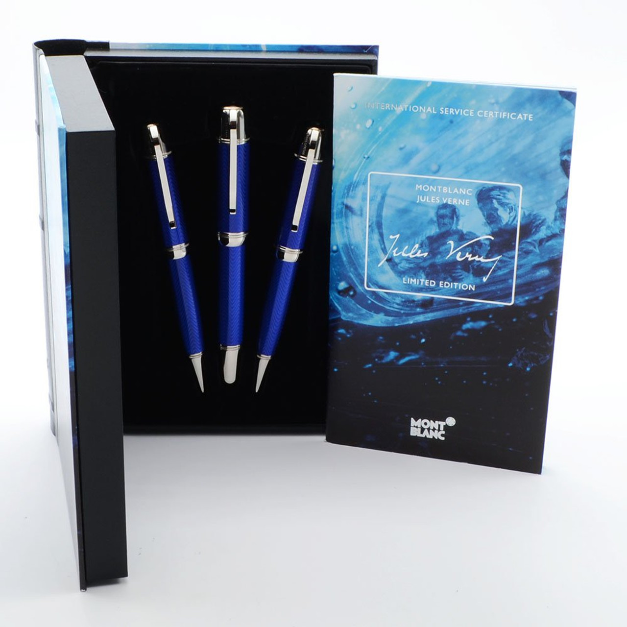 Montblanc Writers Edition LE 3-Piece Set (2003) - Jules Verne, Blue Lacquer, 18k Medium (Near Mint in Box, Works Well)