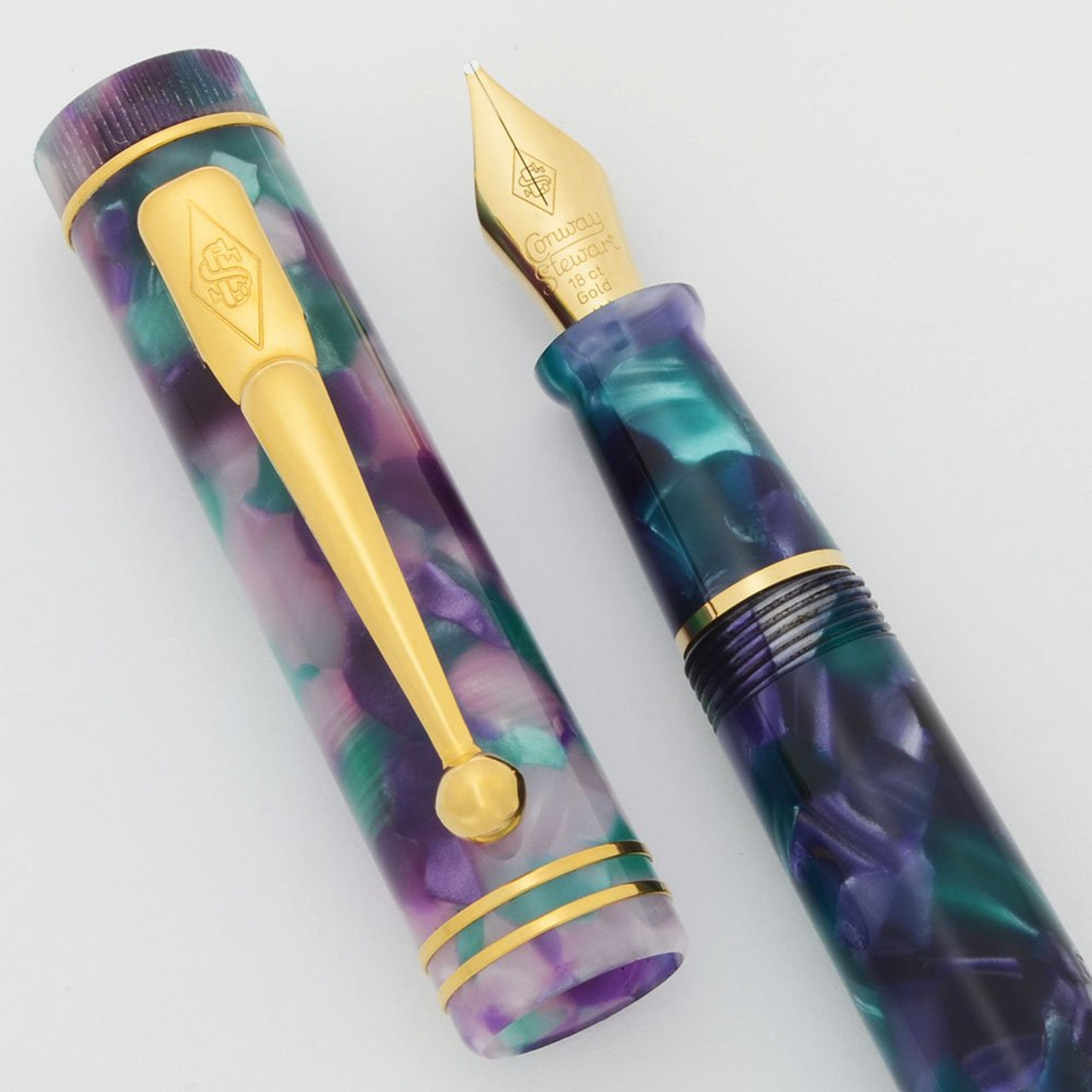 Conway Stewart Dandy LE Fountain Pen - Green & Purple Azure, 18k Medium Nib (Superior, Restored)