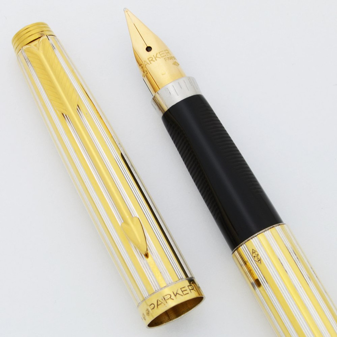 Parker 75 Custom Fountain Pen (1983) - Uncommon "Florence" Vermeil and Sterling Silver Stripes, Medium 18k Nib (Excellent +, Works Well)