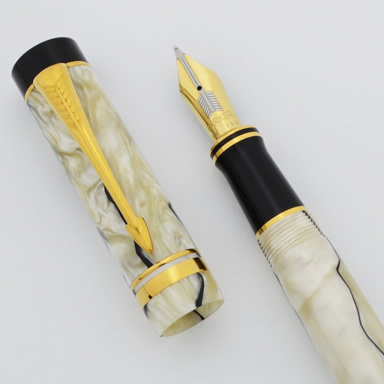 Parker Duofold Centennial Fountain Pen (1992) - Black & Pearl, 18k Fine Nib (Near Mint in Box, Works Well)